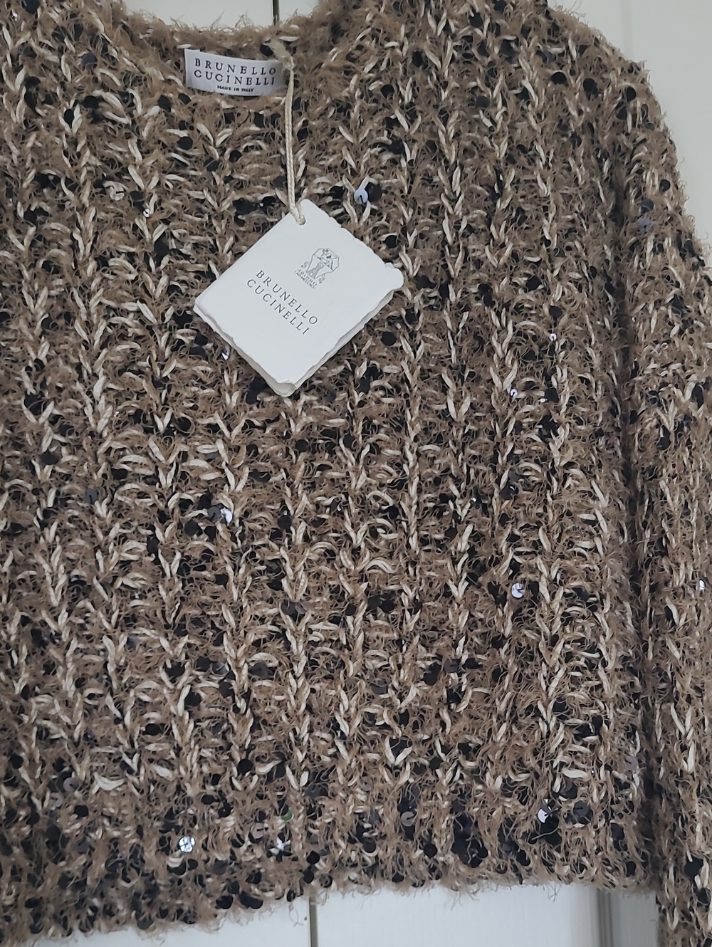 Brunello Cucinelli Tan Brown Sequined Chunky Knit Sweater